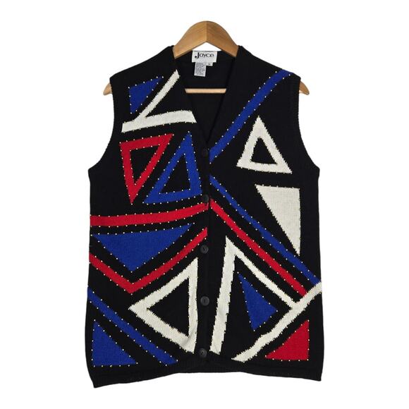 VTG Beaded Sweater Vest Sz M Black Red Blue White Geometric Button Front Retro - Picture 1 of 10